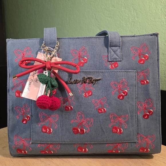Betsey Johnson Handbags - Betsey Johnson Blue Denim Tote with Red Cherry Embroidery